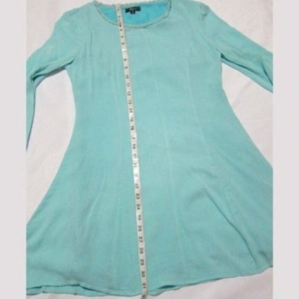 Small A-line Mini Dress Aqua Teal Blue Long Bell Sleeves w/ Lace Scoop Neck NEW - Picture 12 of 12